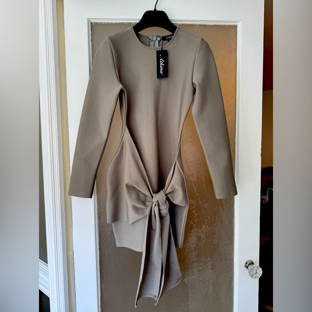 Grey/Taupe Athina short long sleeve tie-front sweater dress